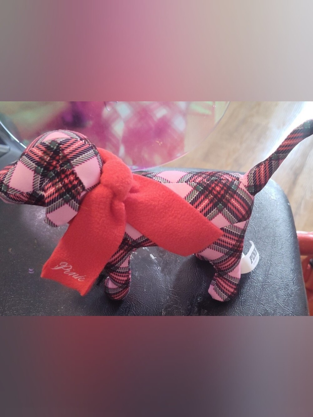 Victoria Secret Pink Plaid Dog + Holiday Red Scarf Lmtd Ed 5 X 7